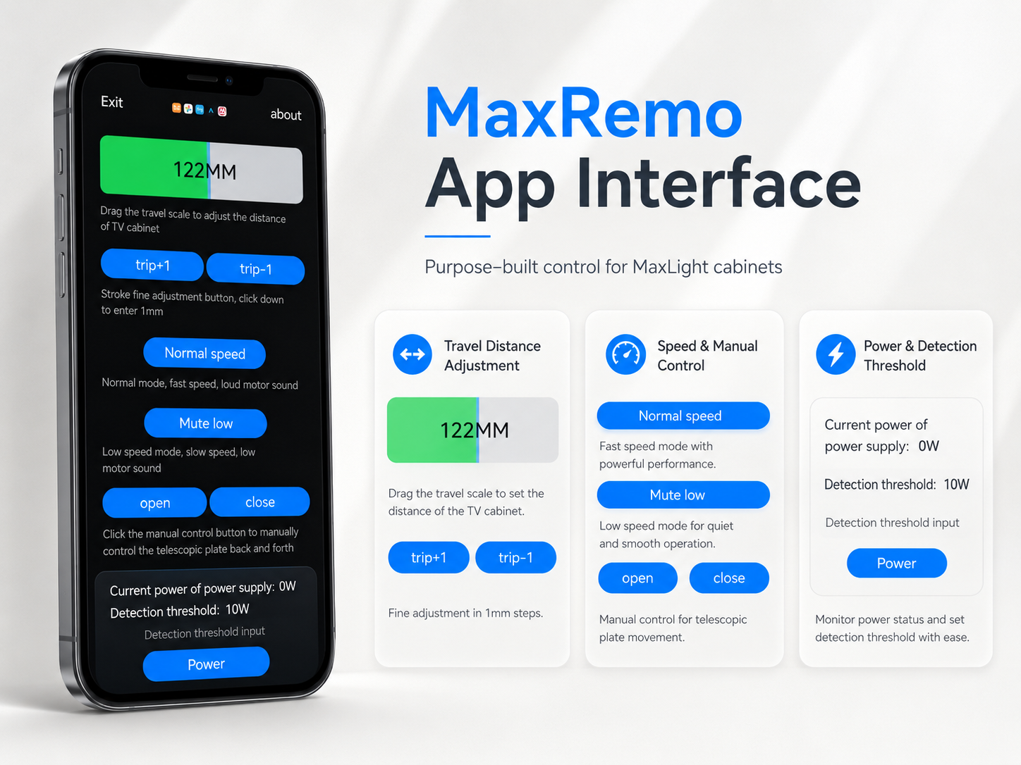 Maxlight MaxRemo app interface for MPC500R cabinet
