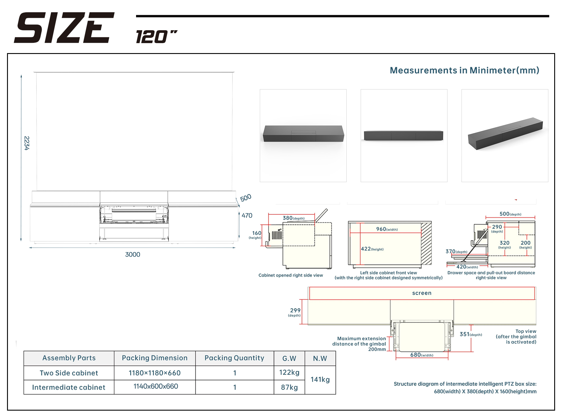 Maxlight MPC500R 120 inch cabinet dimension drawing