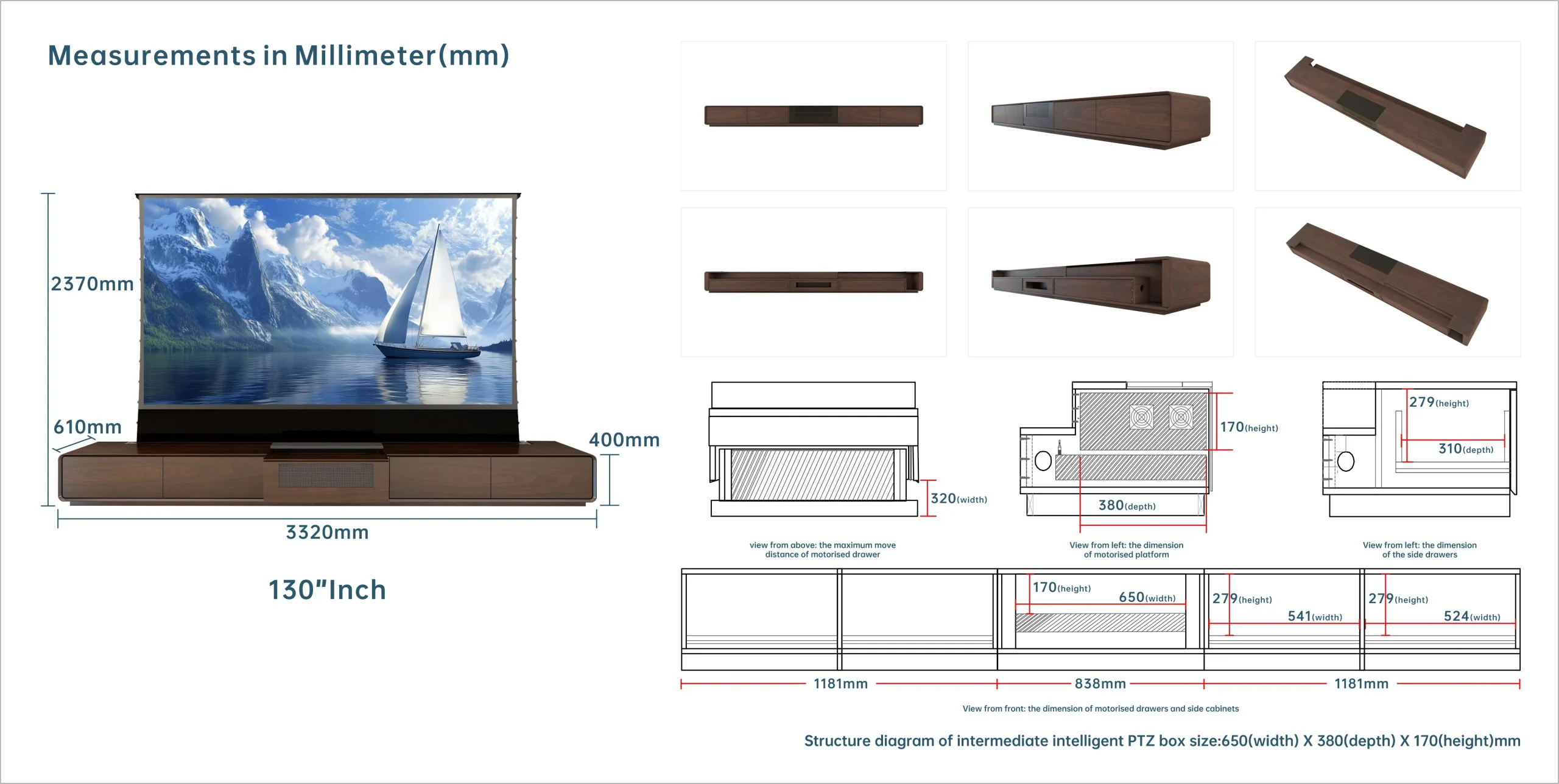 Vividstorm Copenhagen 130 inch cabinet millimetre size drawing