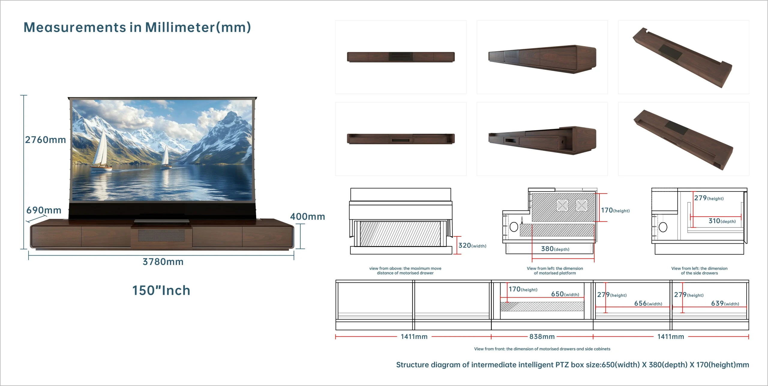 Vividstorm Copenhagen 150 inch cabinet millimetre size drawing
