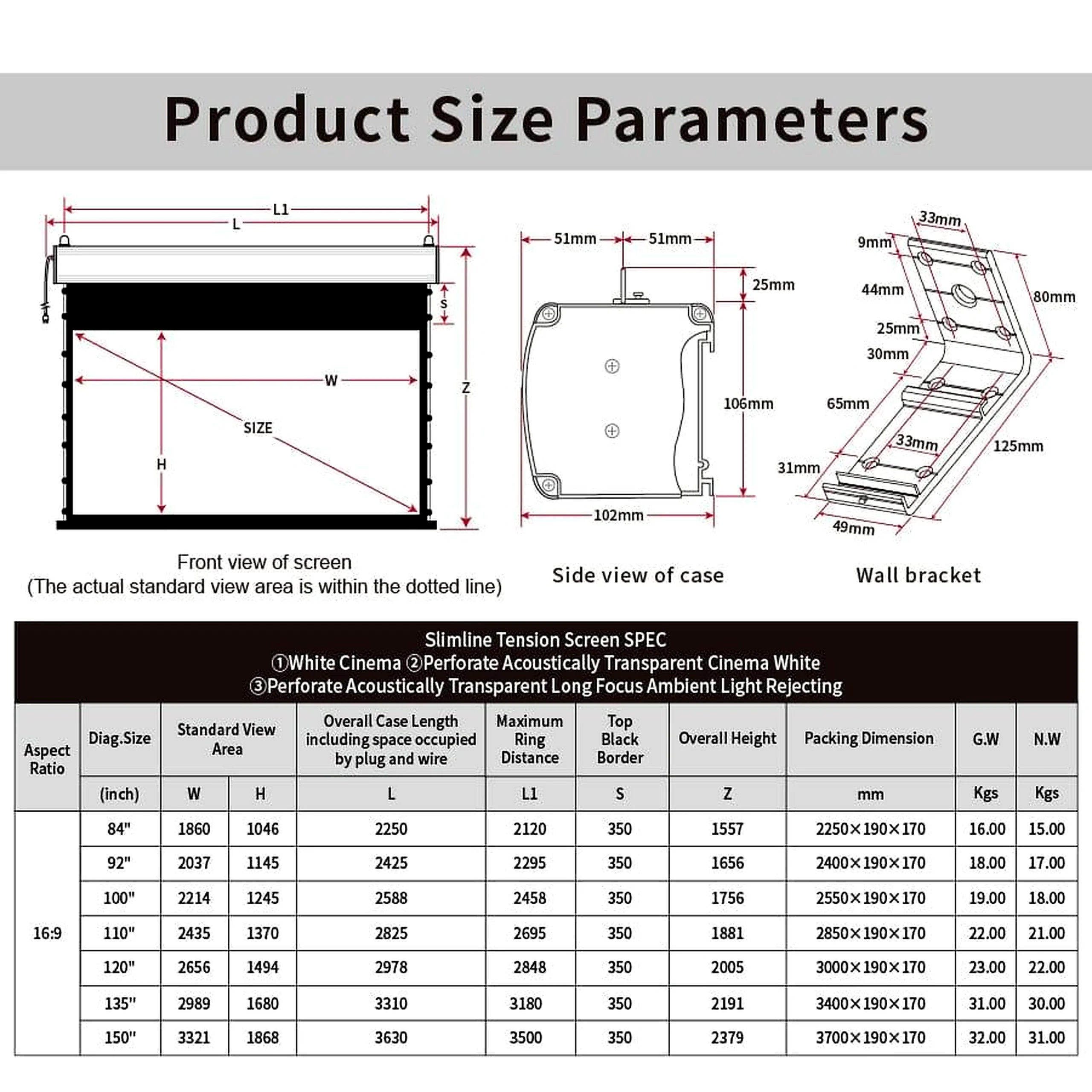 Vividstorm White Cinema P Slimline perforated acoustic transparent motorised tension projector screen size chart and dimensions