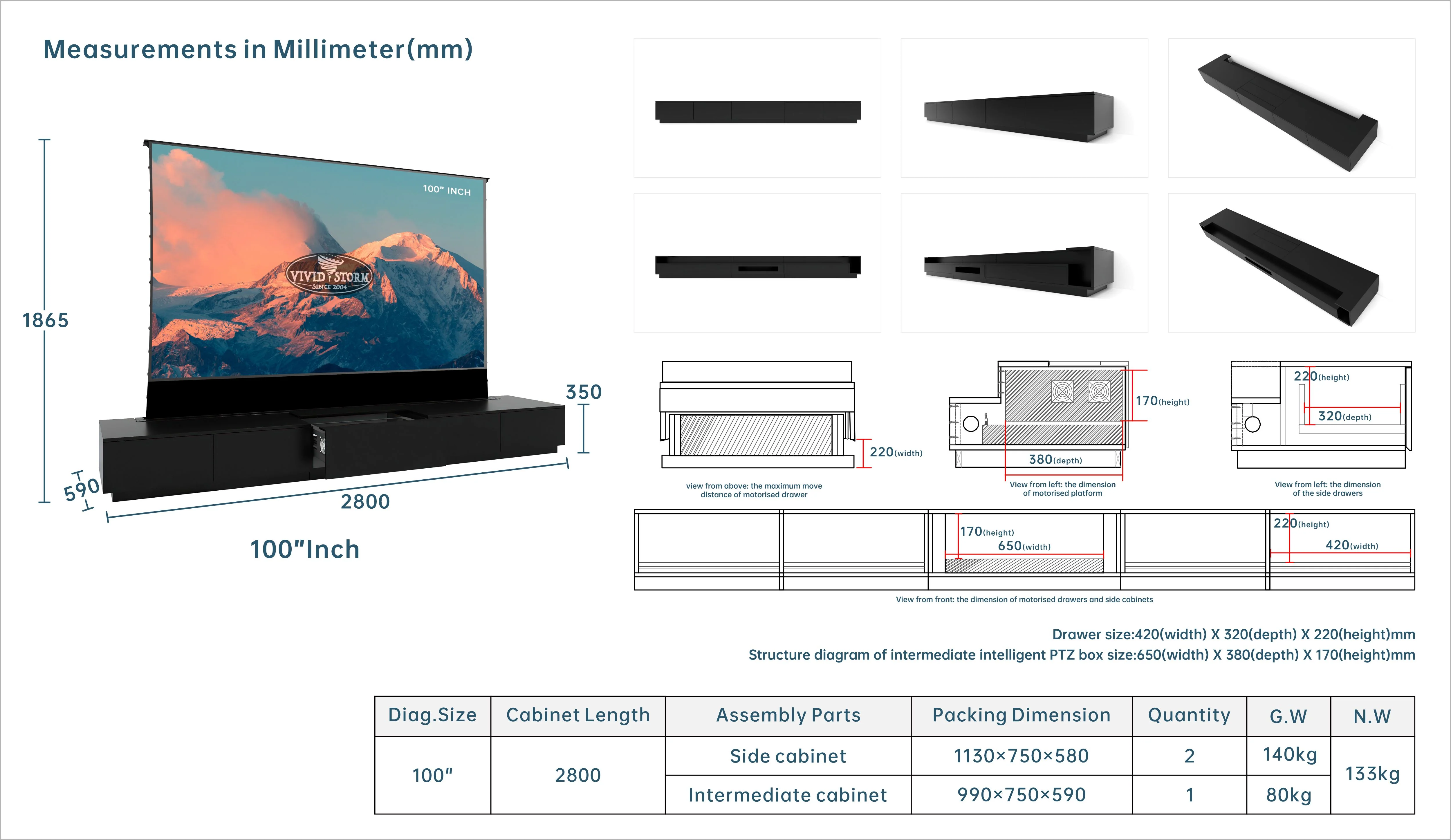 Vividstorm Monte Carlo 100 inch cabinet millimetre size drawing