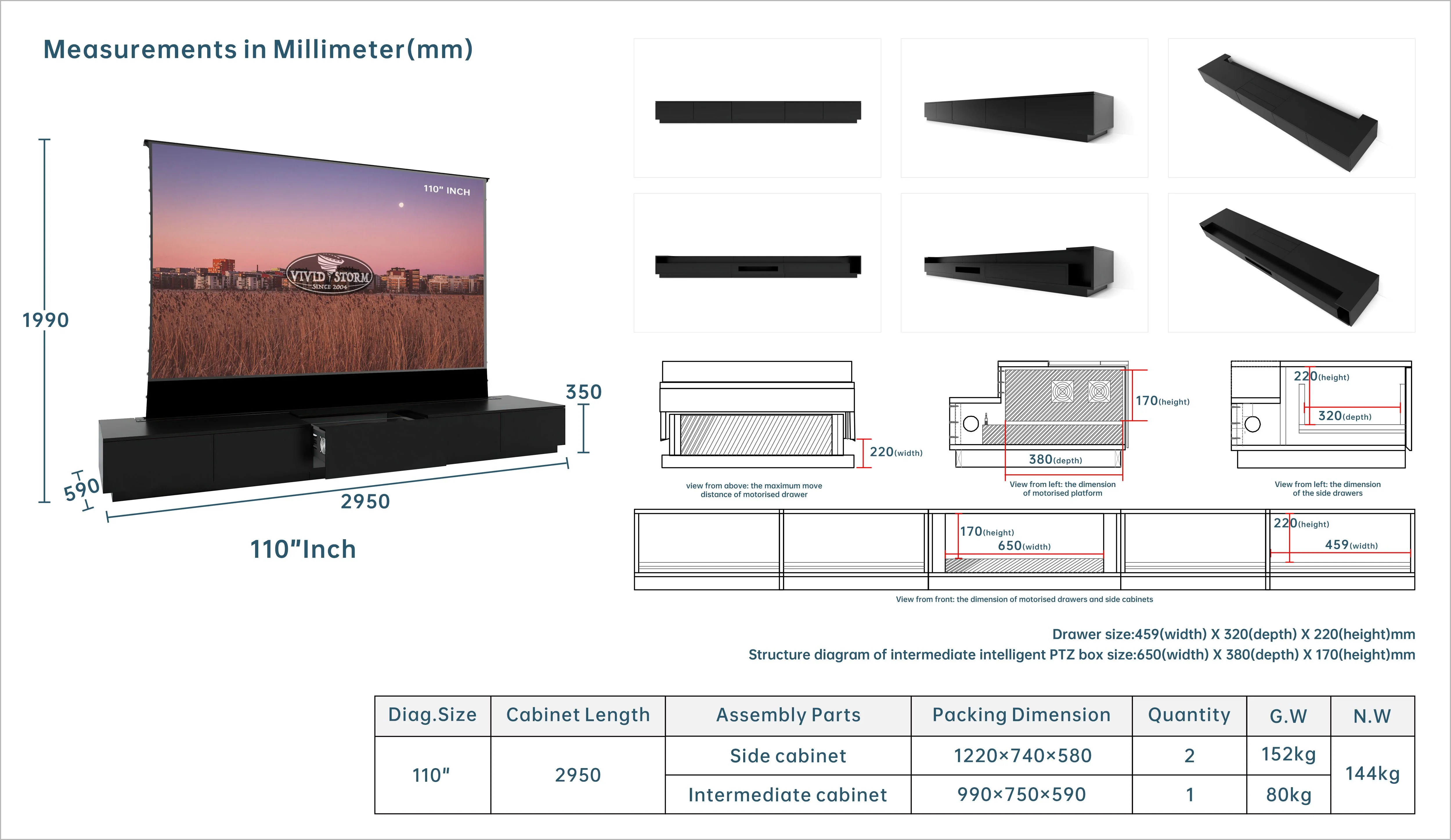 Vividstorm Monte Carlo 110 inch cabinet millimetre size drawing