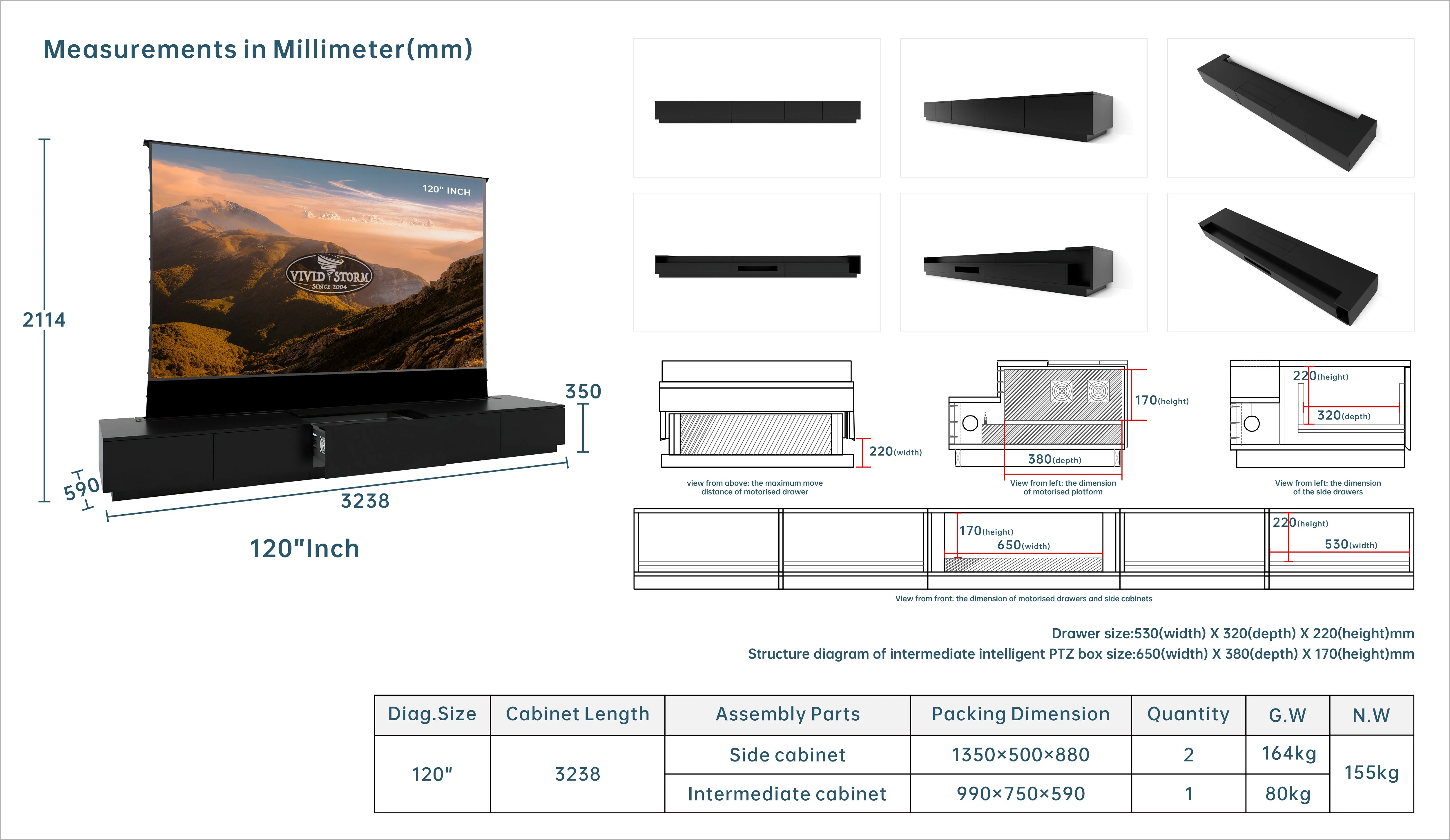 Vividstorm Monte Carlo 120 inch cabinet millimetre size drawing