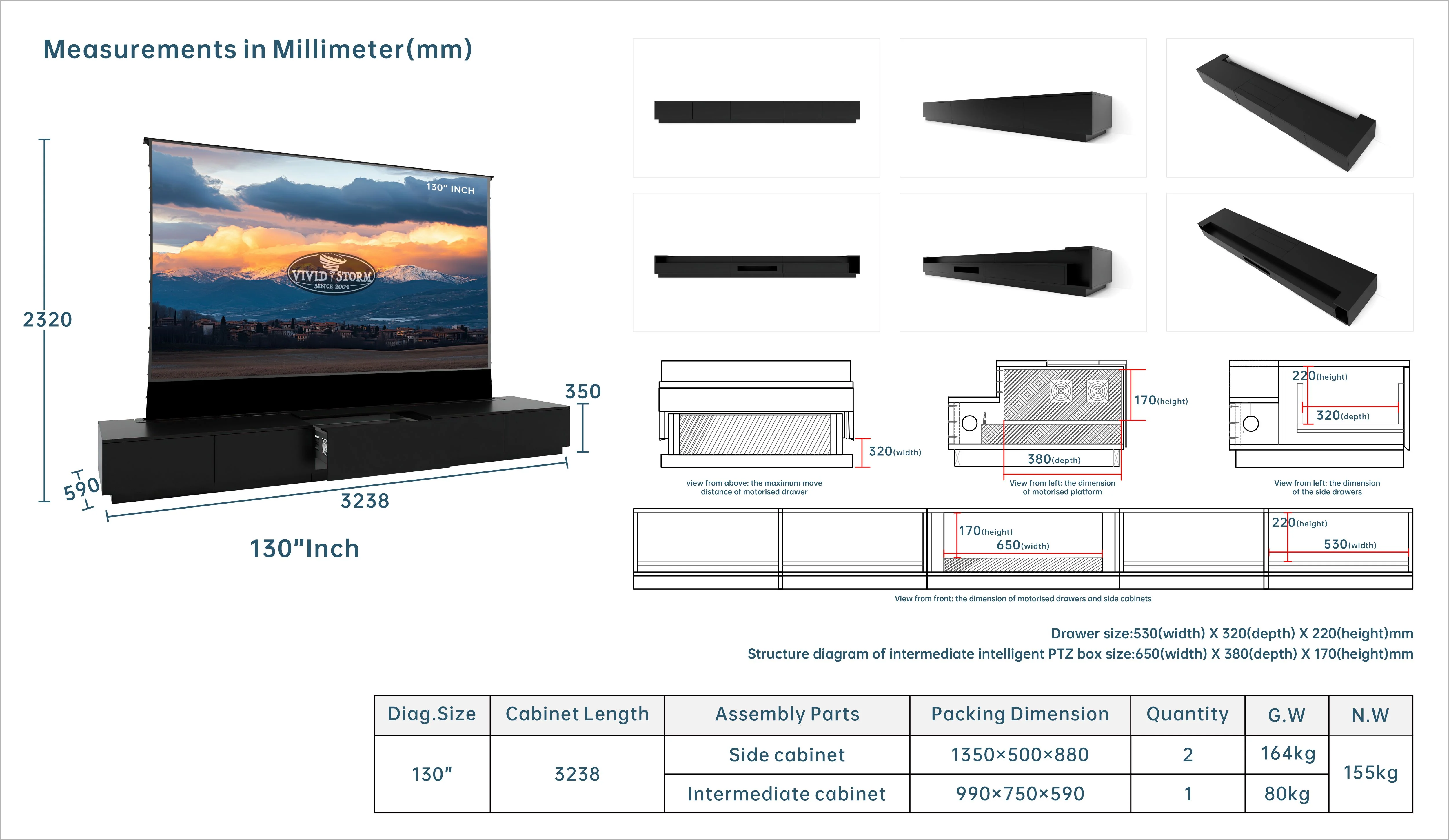 Vividstorm Monte Carlo 130 inch cabinet millimetre size drawing