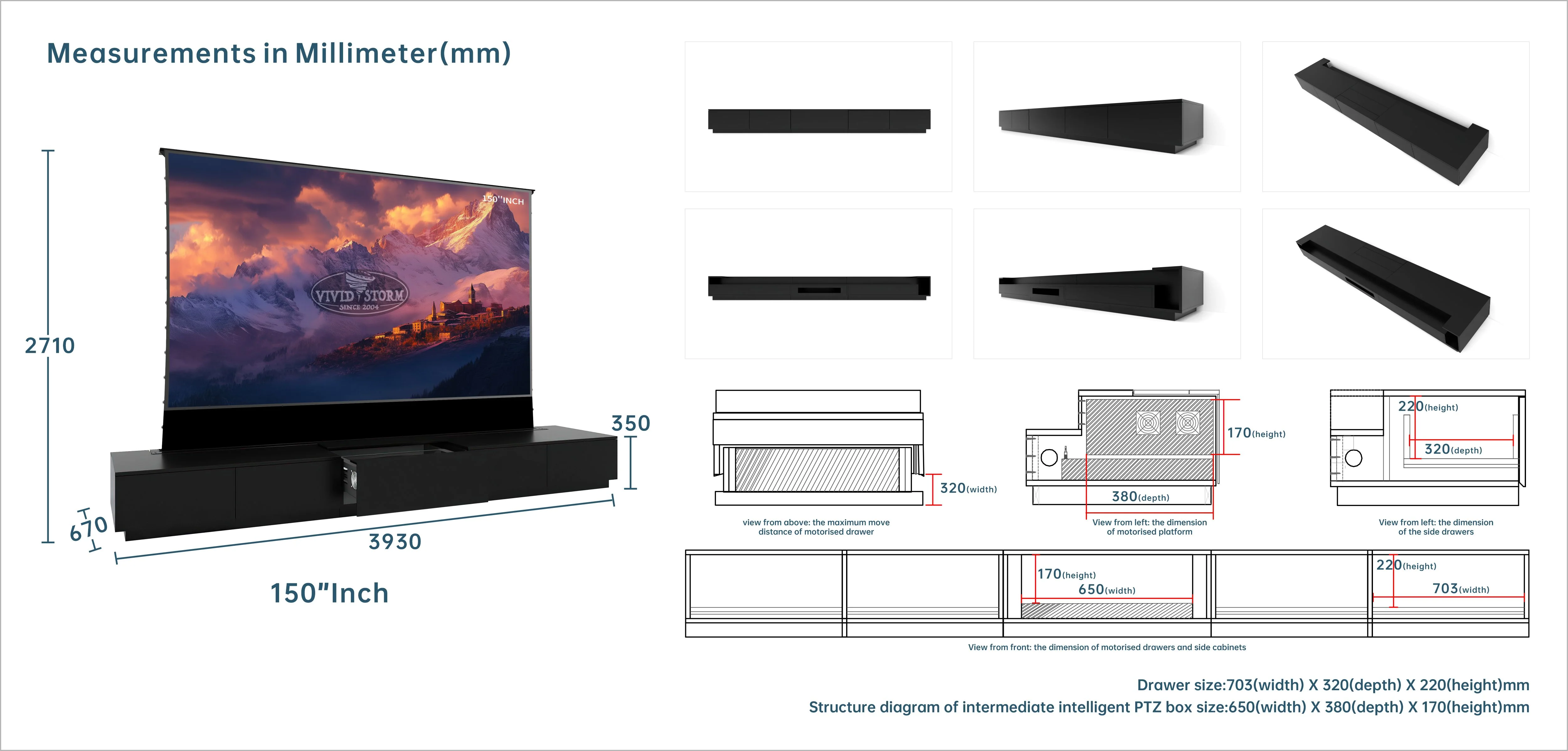 Vividstorm Monte Carlo 150 inch cabinet millimetre size drawing