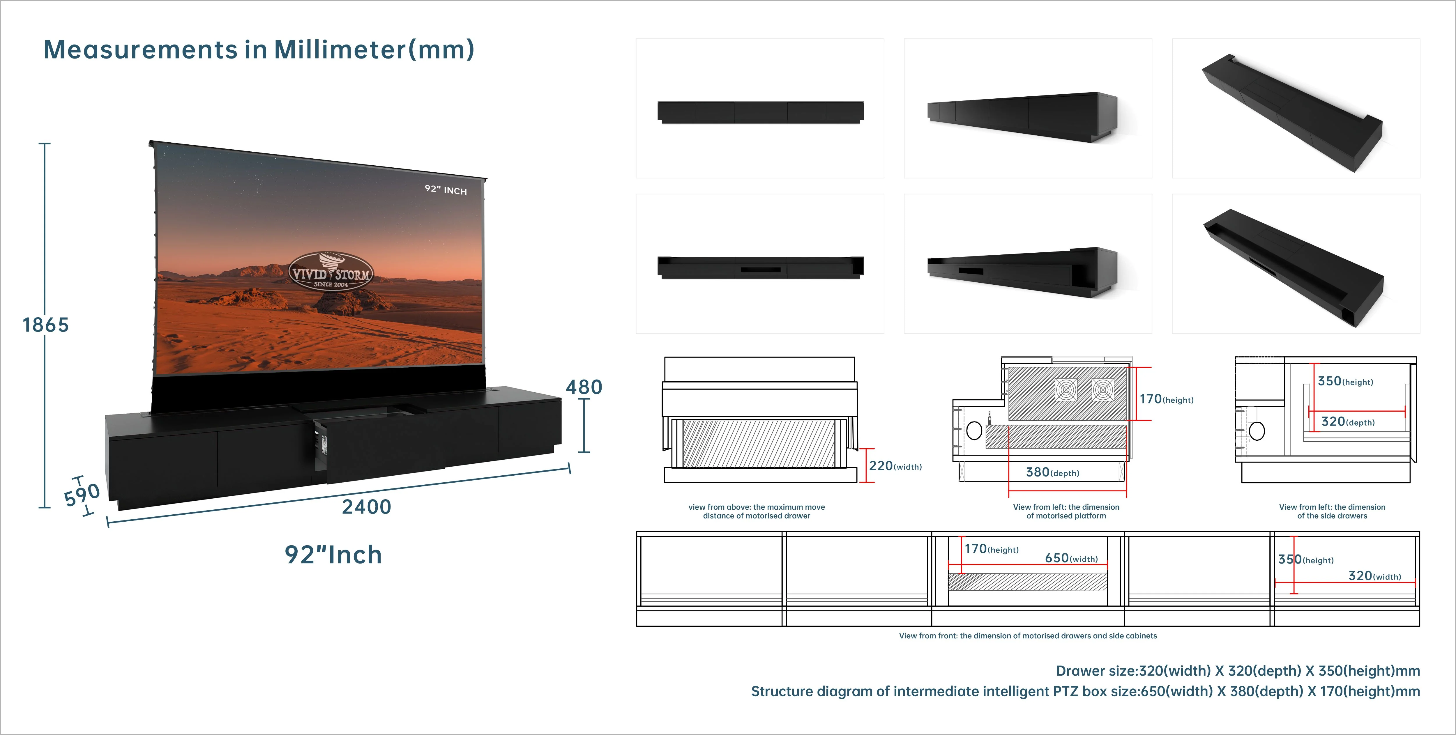 Vividstorm Monte Carlo 92 inch cabinet millimetre size drawing